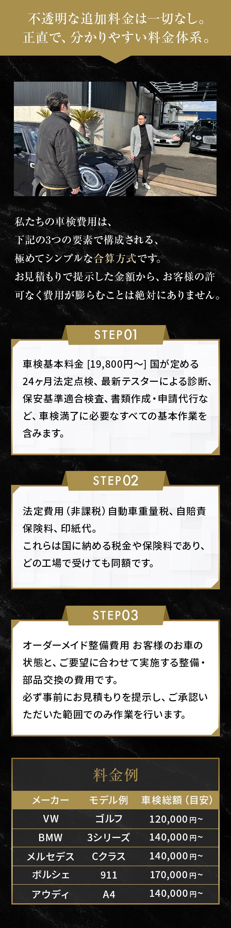 分かりやすい料金体系：STEP01基本料金＋STEP02法定費用＋STEP03オーダーメイド整備費用