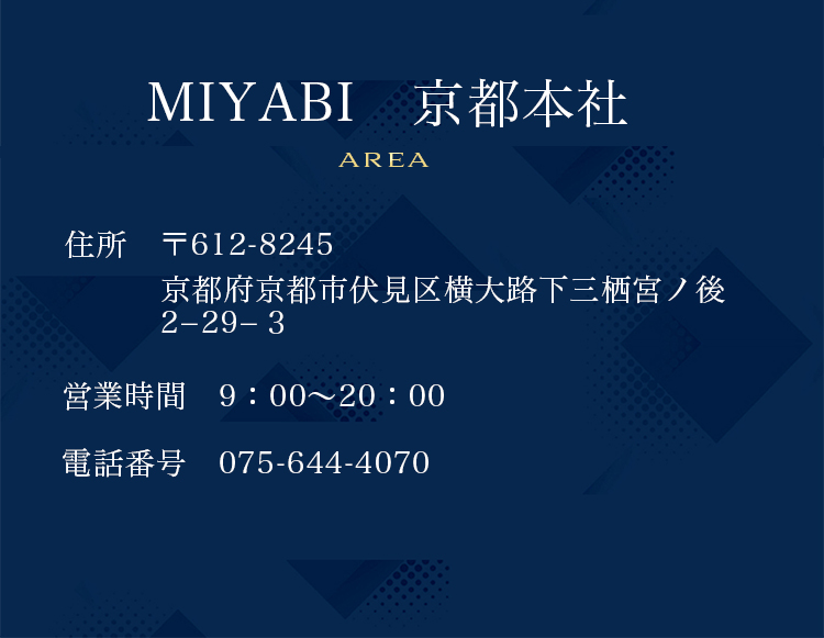 MIYABI 京都本社 / 〒612-8245 京都府京都市伏見区横大路下三栖宮ノ後2-29-3 / 営業時間 9:00〜20:00 / 電話 075-644-4070